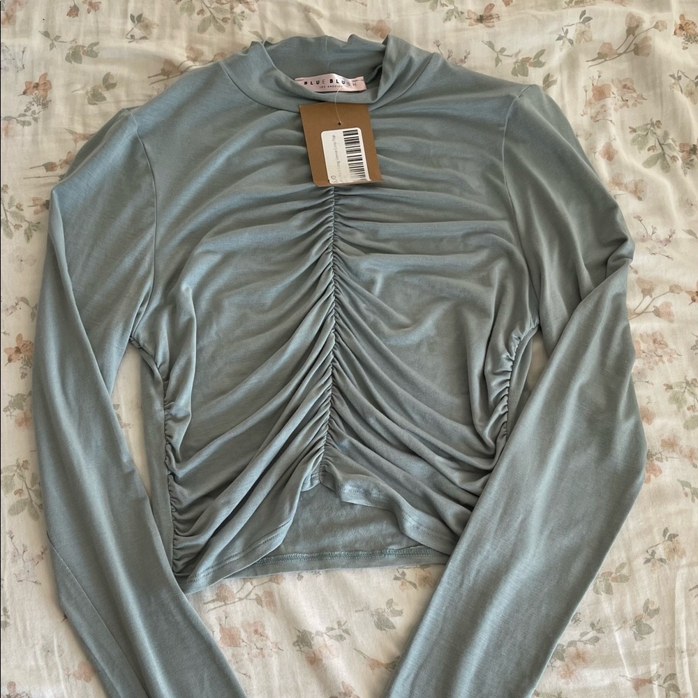 Blue blush, long sleeve top, grey blue, size: medium